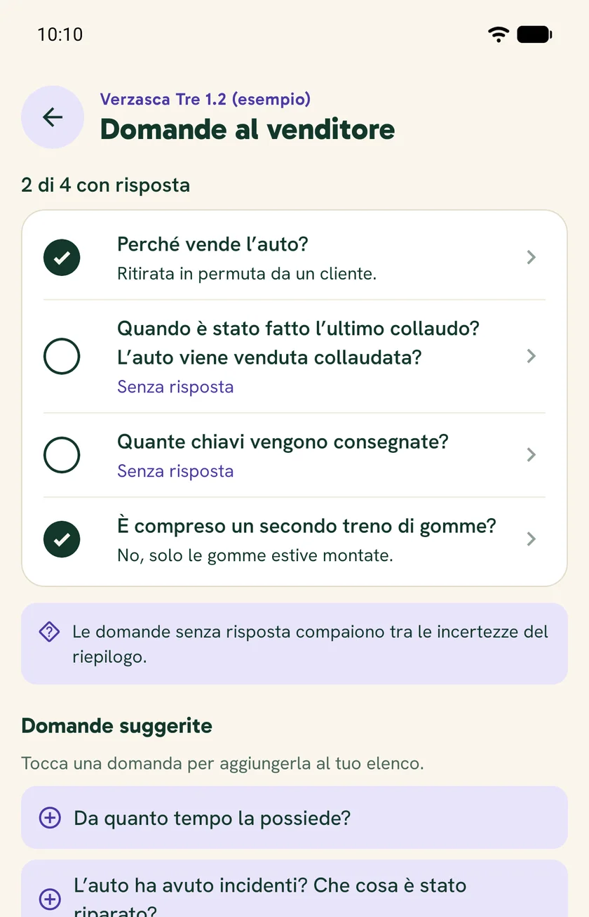 Domande al venditore: due con risposta, due senza risposta e l’elenco delle domande suggerite.
