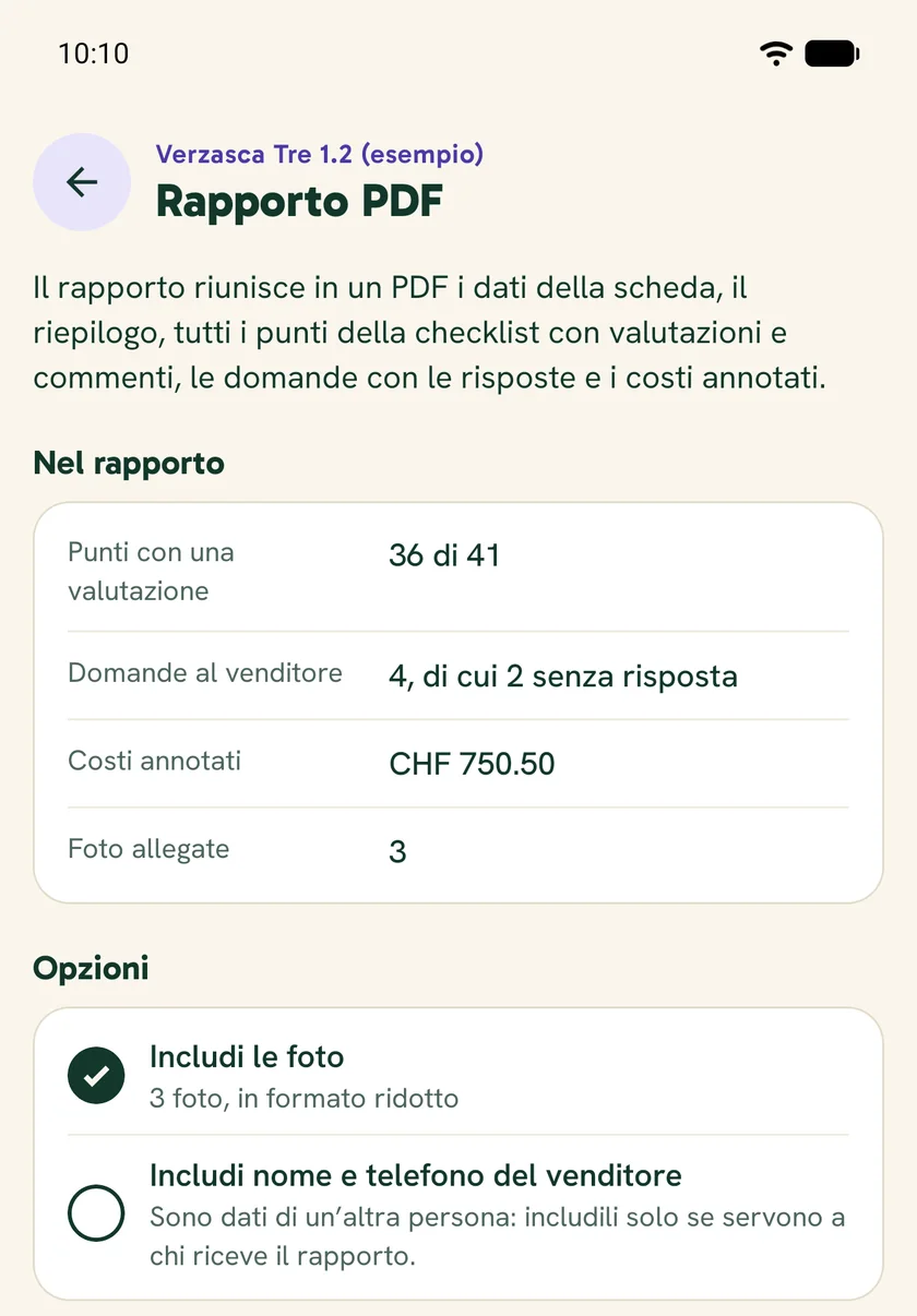 Schermata «Rapporto PDF» con il contenuto del rapporto e le opzioni per includere le foto e i dati del venditore.